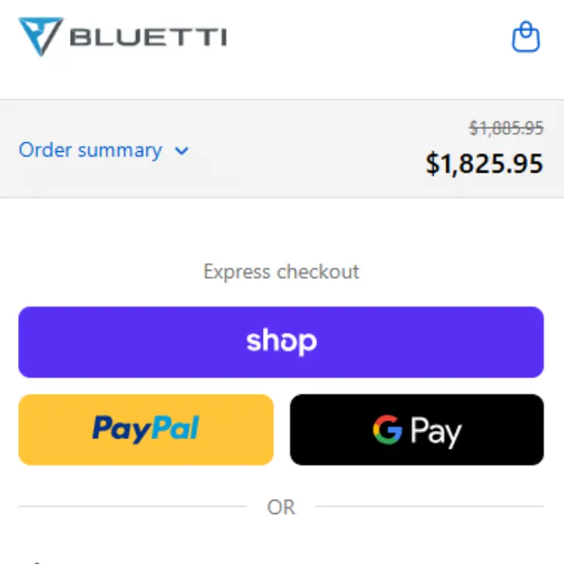 BLUETTI cart page on mobile before entering a promo code