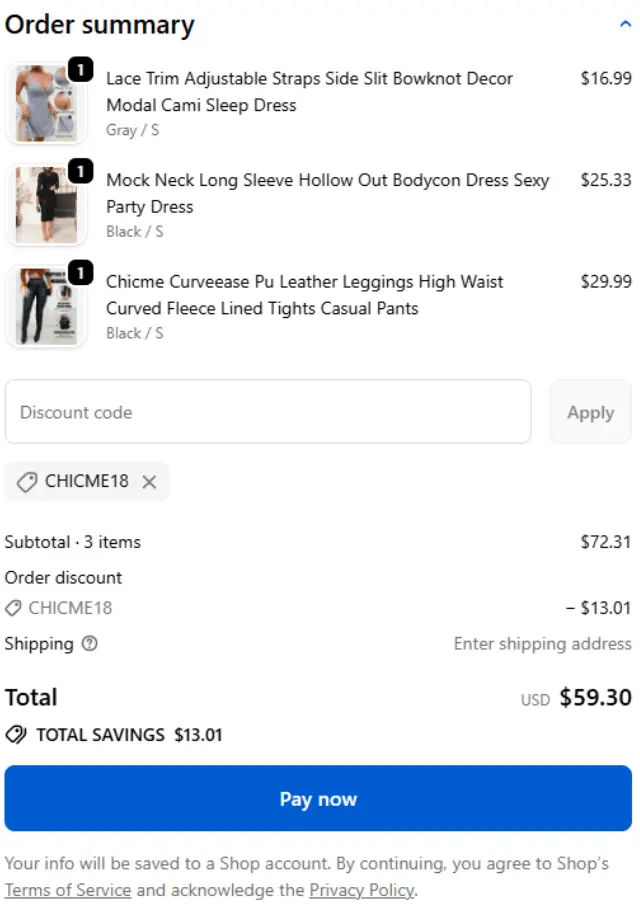 ChicMe checkout total updated after coupon discount applied